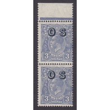 Australian    King George V    3d Blue   C of A WMK   Vertical Pair Overprint O.S. Plate Variety 8L5-8L11